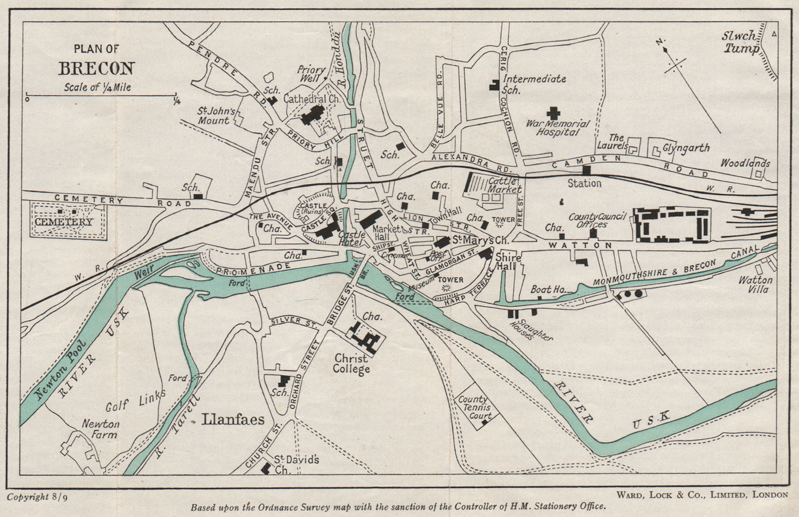 BRECON vintage city town plan. Wales. WARD LOCK 1950 old vintage map chart